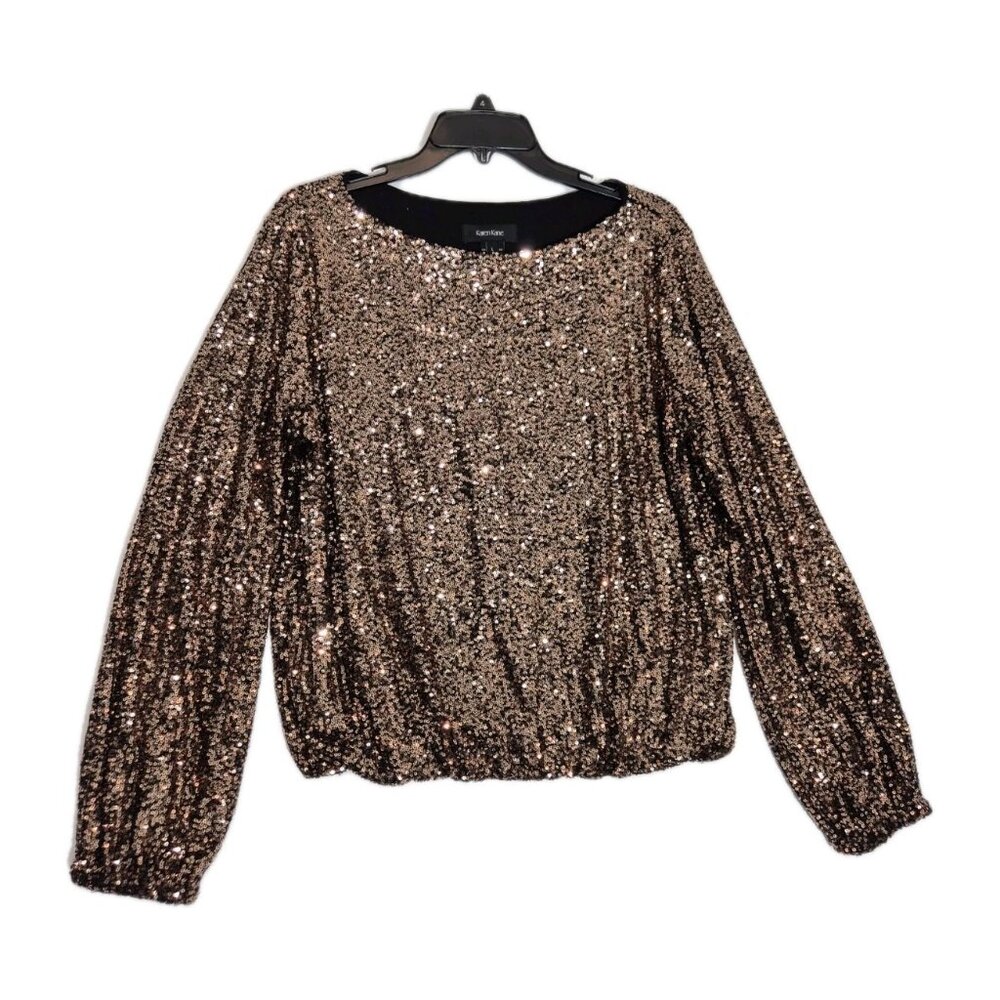 Karen Kane Women's Blouse Top Size L Sequin Boatneck Top Copper (55)